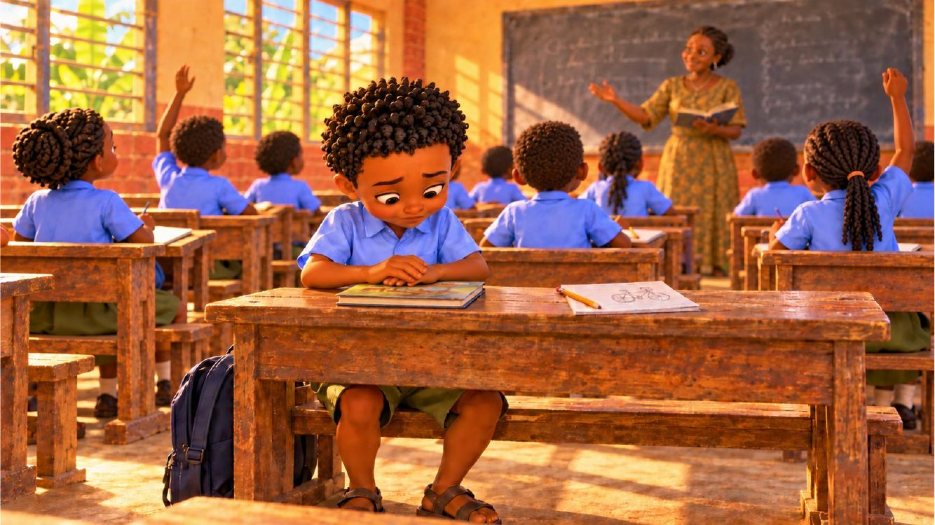 Kirabo reading a difficult word at the community library.